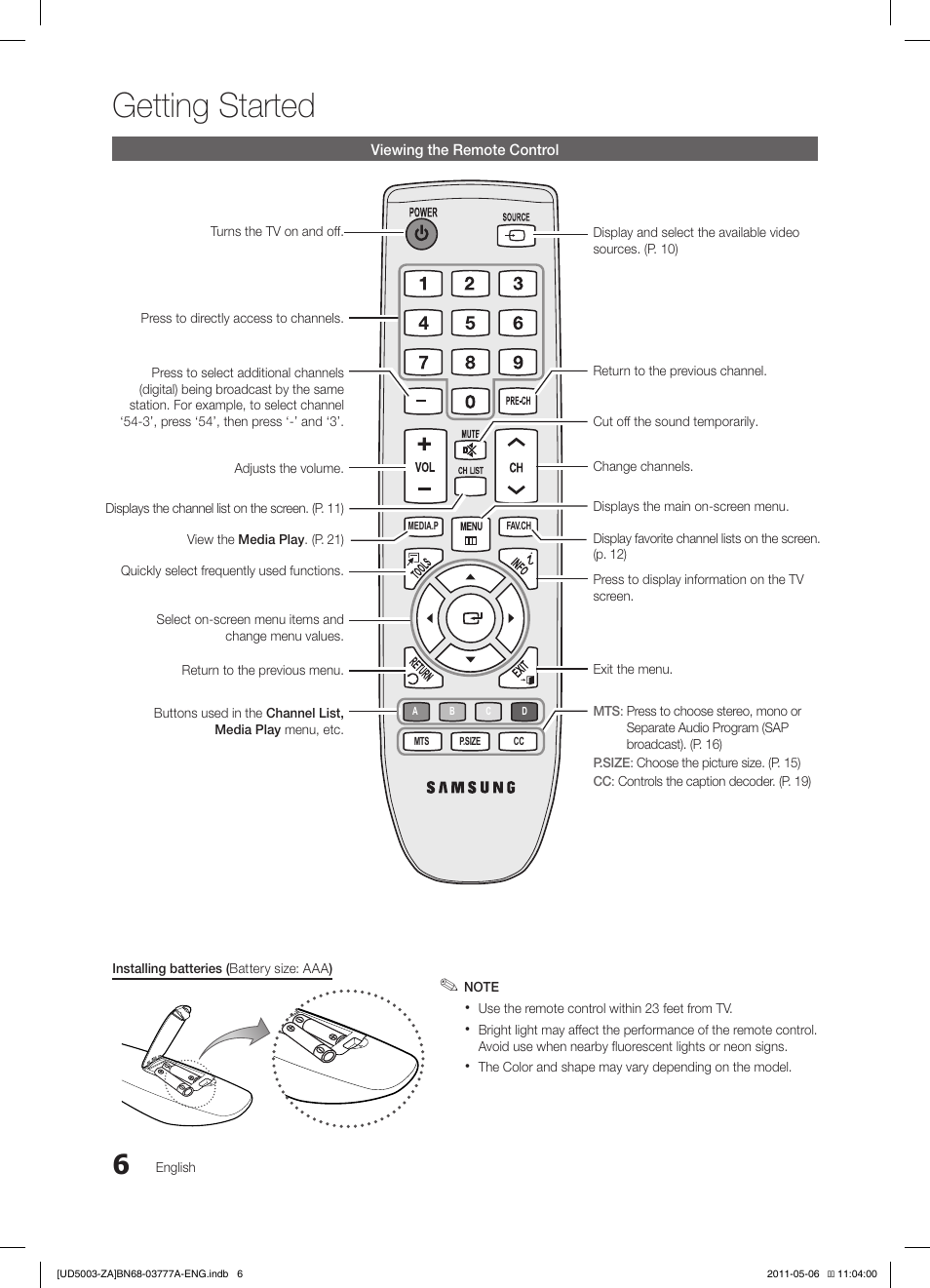 Getting started | Samsung LN32D405E3DXZA User Manual | Page 6 / 34
