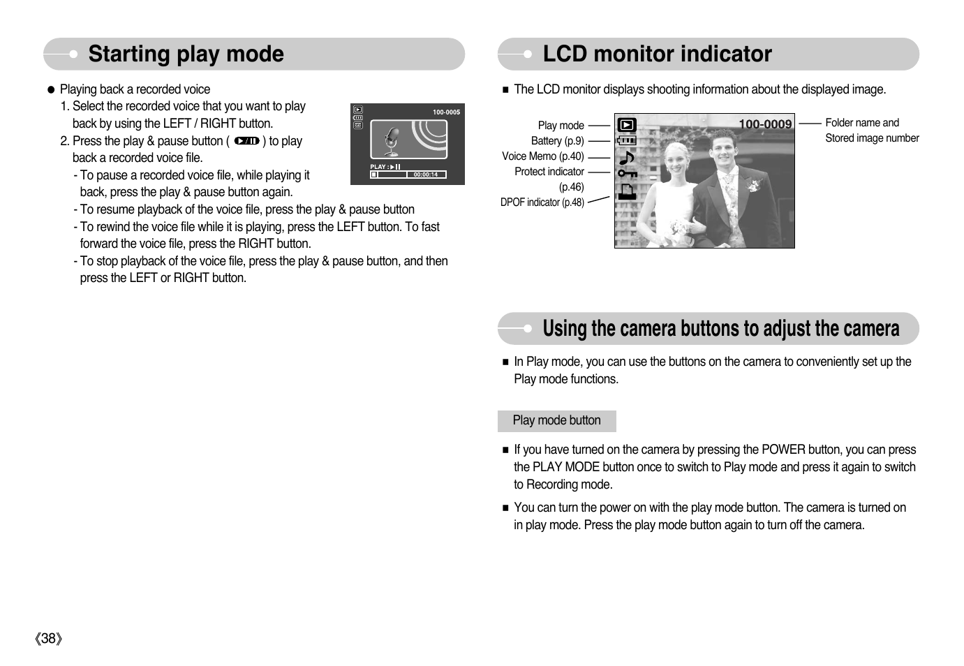 Starting play mode, Lcd monitor indicator, Using the camera buttons to adjust the camera | Samsung EC-L60ZZBBB-E1 User Manual | Page 39 / 78