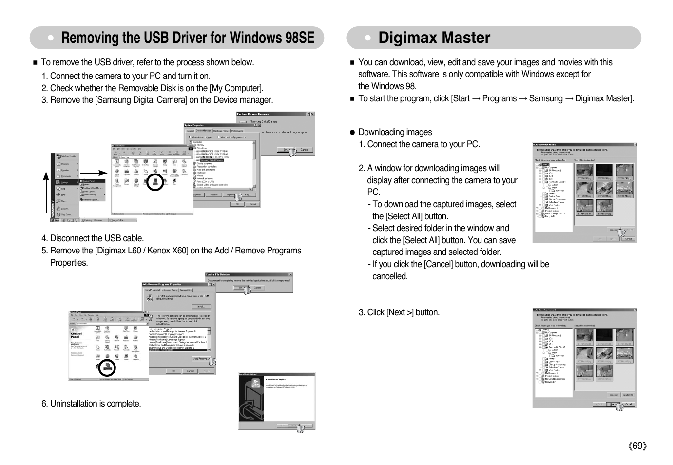 Removing the usb driver for windows 98se, Digimax master | Samsung EC-L60ZZBBB-E1 User Manual | Page 70 / 78