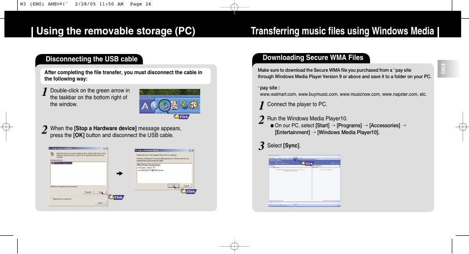 Using the removable storage (pc), Transferring music files using windows media | Samsung YP-W3Z-XAA User Manual | Page 14 / 35