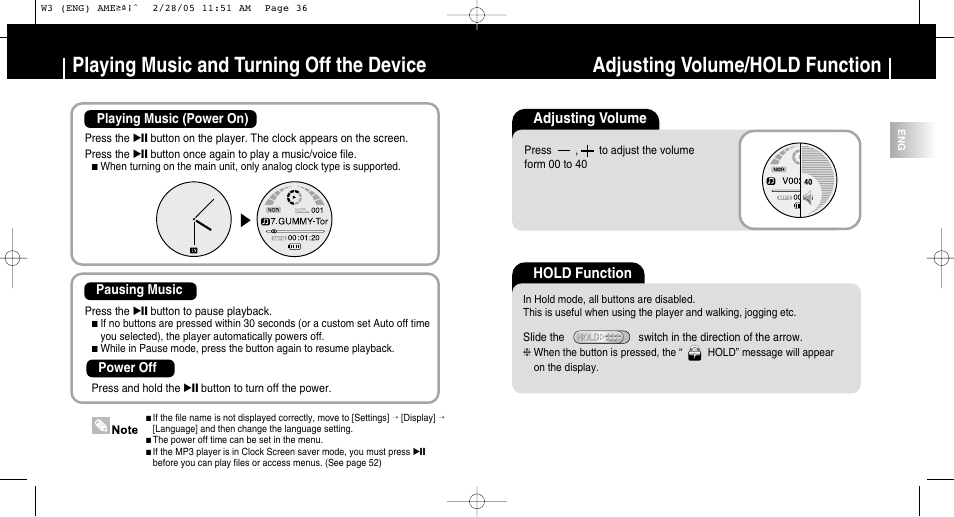 Using your player, Playing music and turning off the device, Adjusting volume/hold function | Adjusting volume, Hold function | Samsung YP-W3Z-XAA User Manual | Page 19 / 35