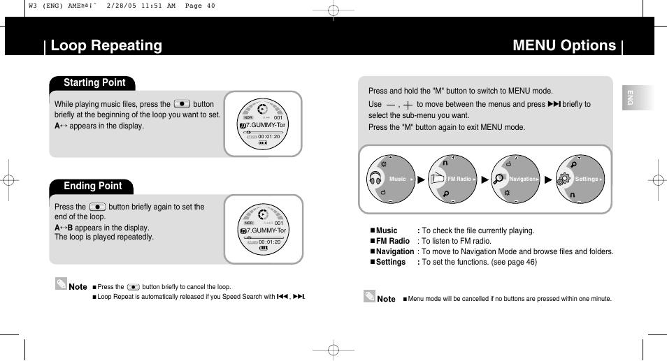 Loop repeating, Menu options, Starting point | Ending point | Samsung YP-W3Z-XAA User Manual | Page 21 / 35