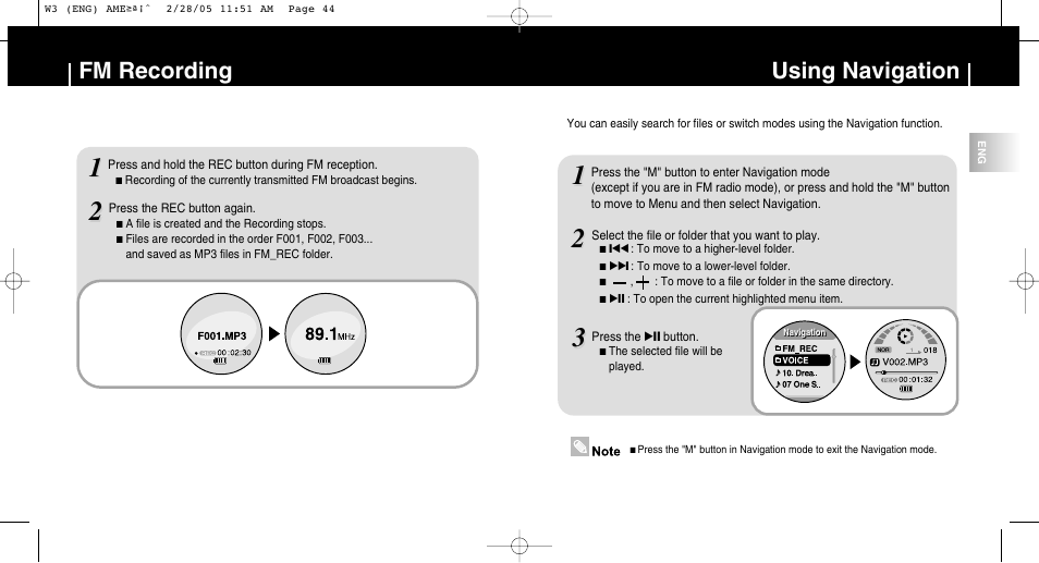 Fm recording, Using navigation | Samsung YP-W3Z-XAA User Manual | Page 23 / 35