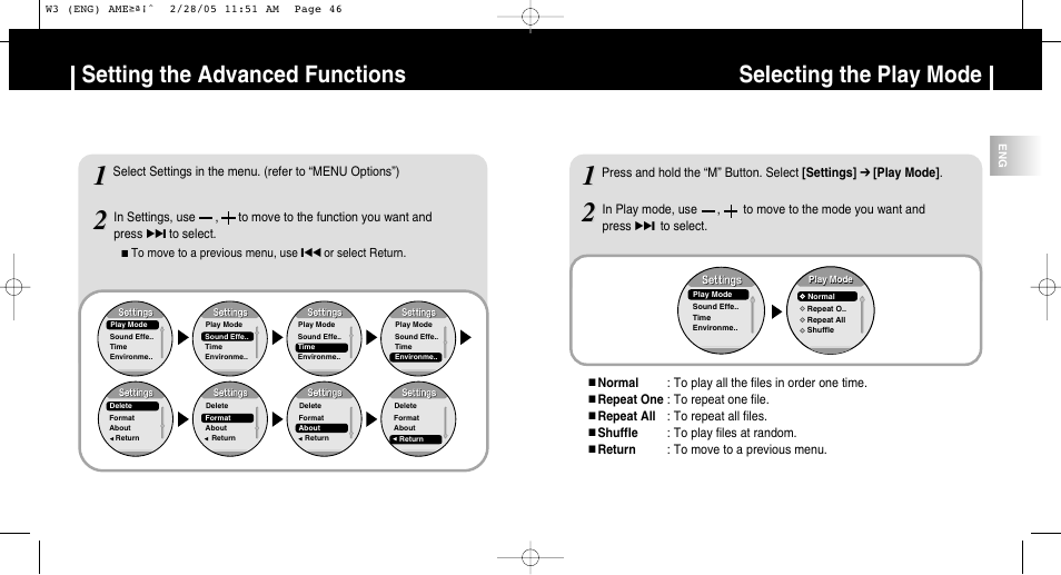Setting your player, Setting the advanced functions, Selecting the play mode | Samsung YP-W3Z-XAA User Manual | Page 24 / 35
