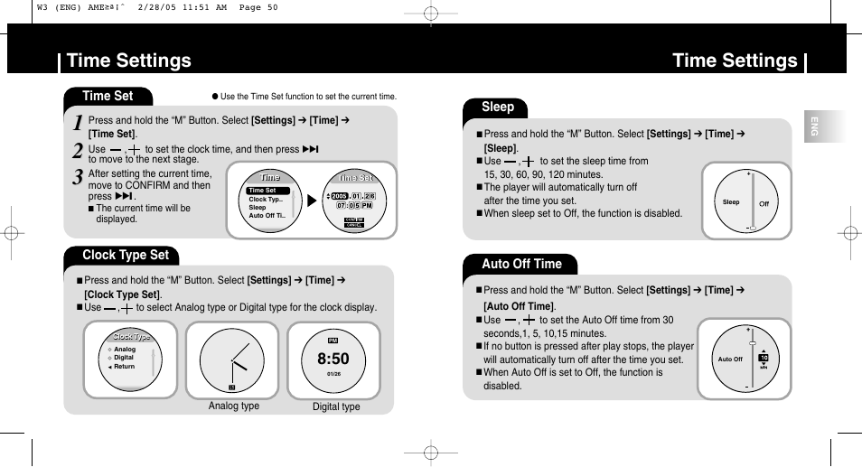 Time settings, Auto off time, Sleep | Clock type set, Time set | Samsung YP-W3Z-XAA User Manual | Page 26 / 35