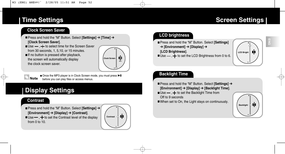 Time settings, Display settings, Screen settings | Lcd brightness, Backlight time, Clock screen saver, Contrast | Samsung YP-W3Z-XAA User Manual | Page 27 / 35