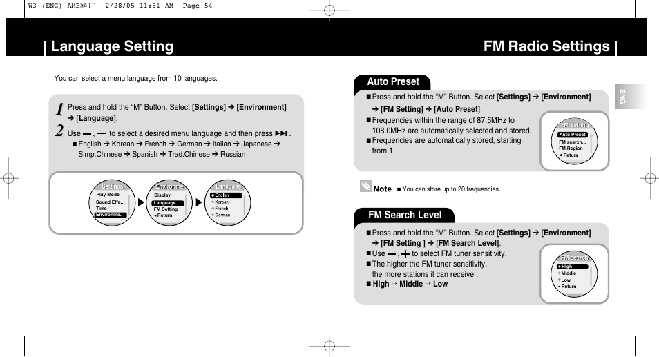 Language setting, Fm radio settings, Auto preset | Fm search level | Samsung YP-W3Z-XAA User Manual | Page 28 / 35