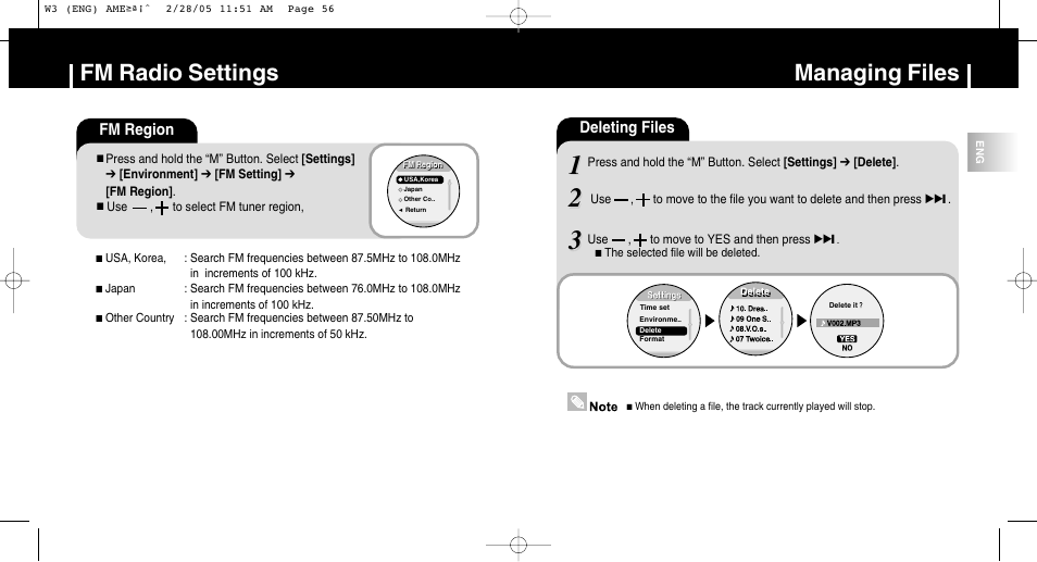 Fm radio settings, Managing files, Deleting files | Fm region | Samsung YP-W3Z-XAA User Manual | Page 29 / 35