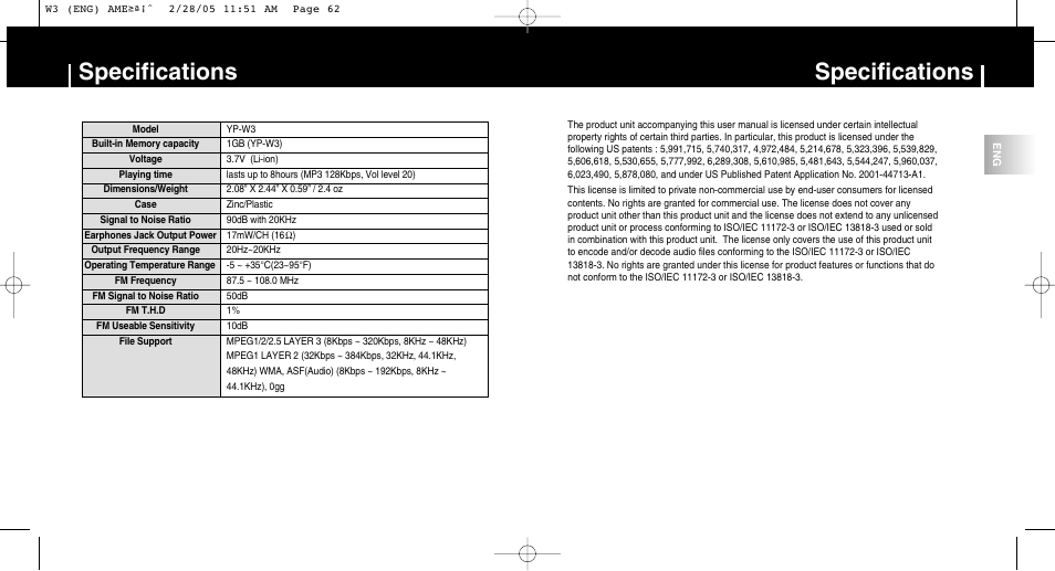 Specifications | Samsung YP-W3Z-XAA User Manual | Page 32 / 35
