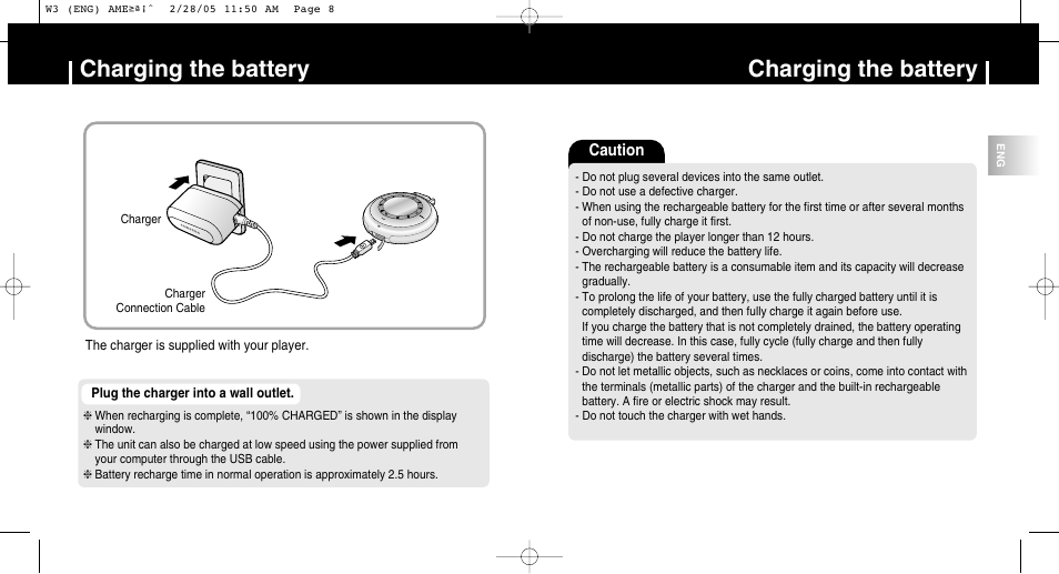 Charging the battery, Caution | Samsung YP-W3Z-XAA User Manual | Page 5 / 35