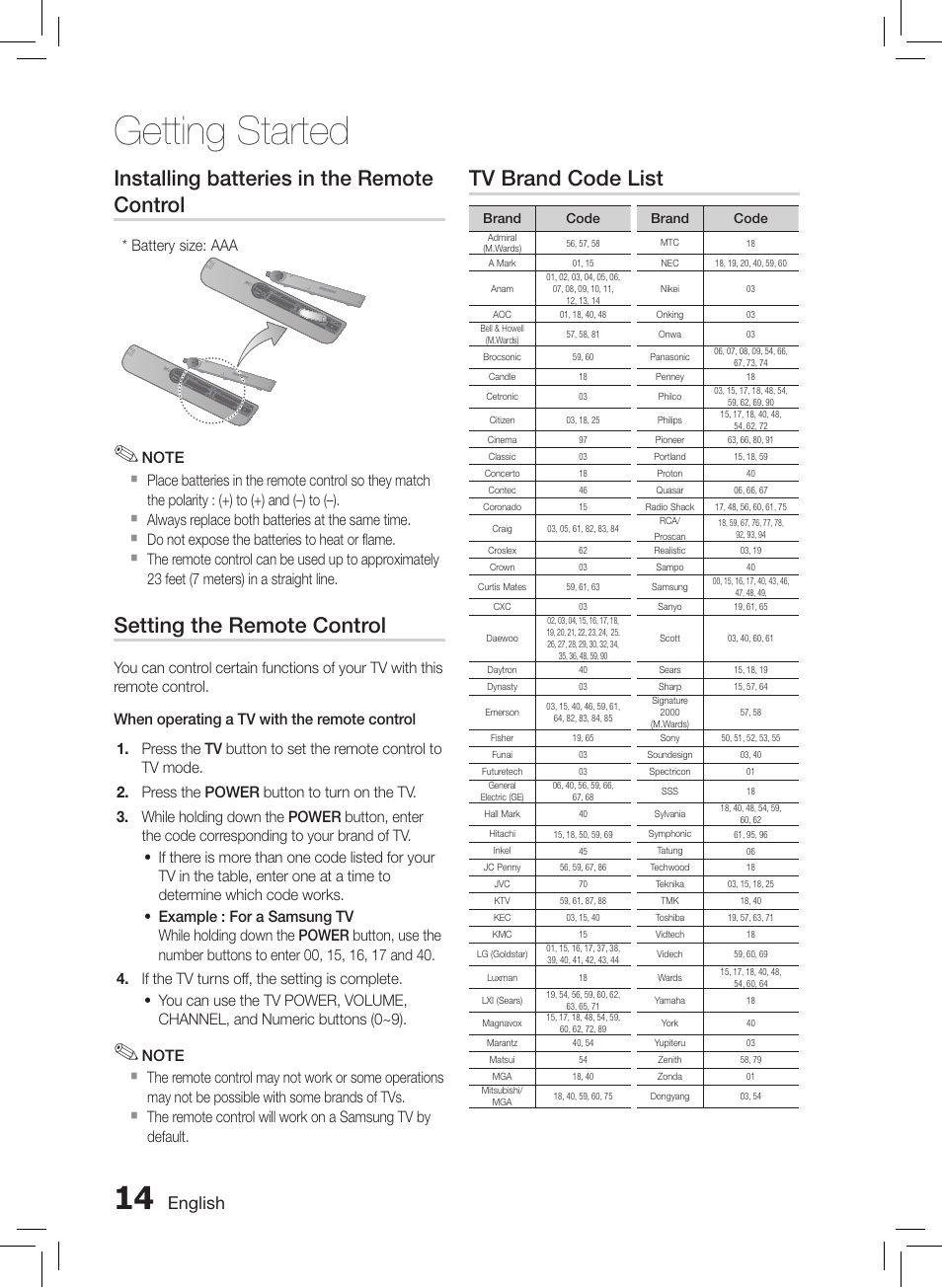 Getting started, Installing batteries in the remote control, Setting the remote control | Tv brand code list, English, Always replace both batteries at the same time, Do not expose the batteries to heat or flame, Battery size: aaa | Samsung HT-E550-ZC User Manual | Page 14 / 45