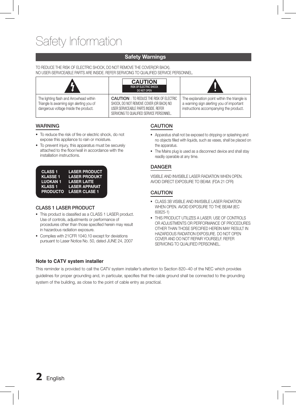 Safety information, Safety warnings | Samsung HT-E550-ZC User Manual | Page 2 / 45