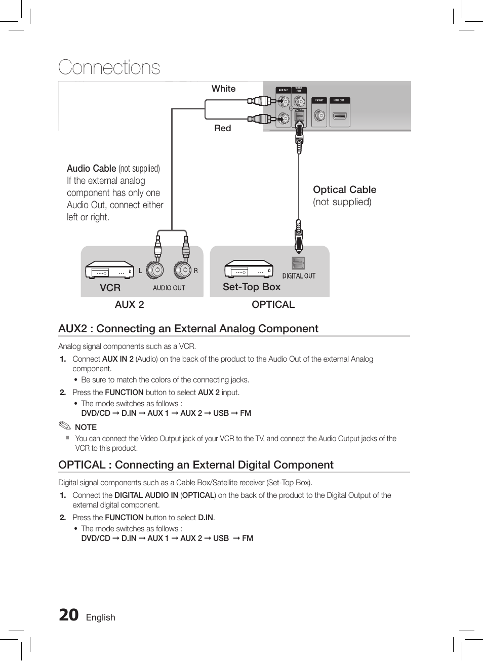 Connections, Aux2 : connecting an external analog component, Optical : connecting an external digital component | Samsung HT-E550-ZC User Manual | Page 20 / 45