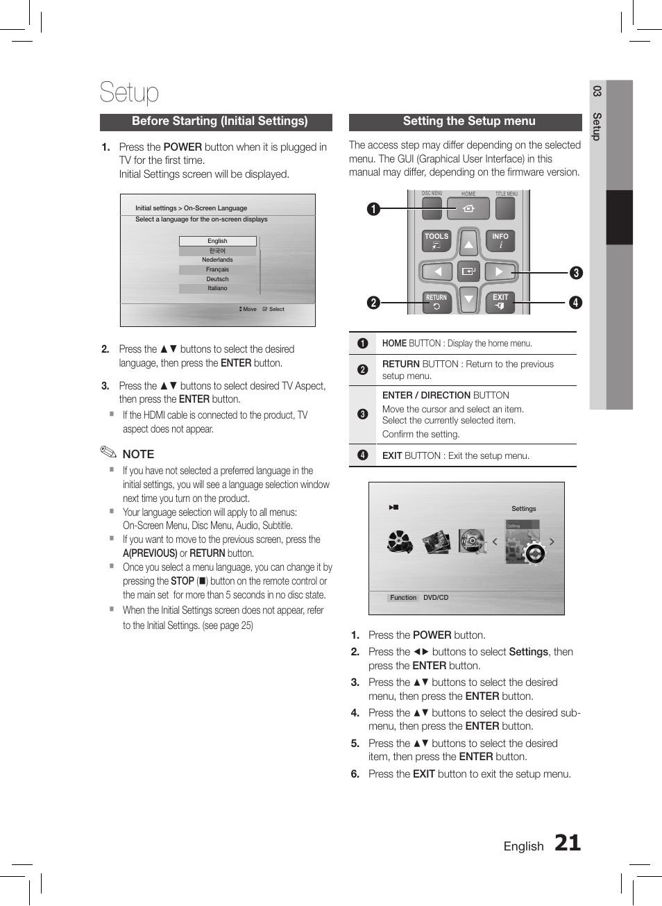 Setup, Before starting (initial settings), Setting the setup menu | Samsung HT-E550-ZC User Manual | Page 21 / 45