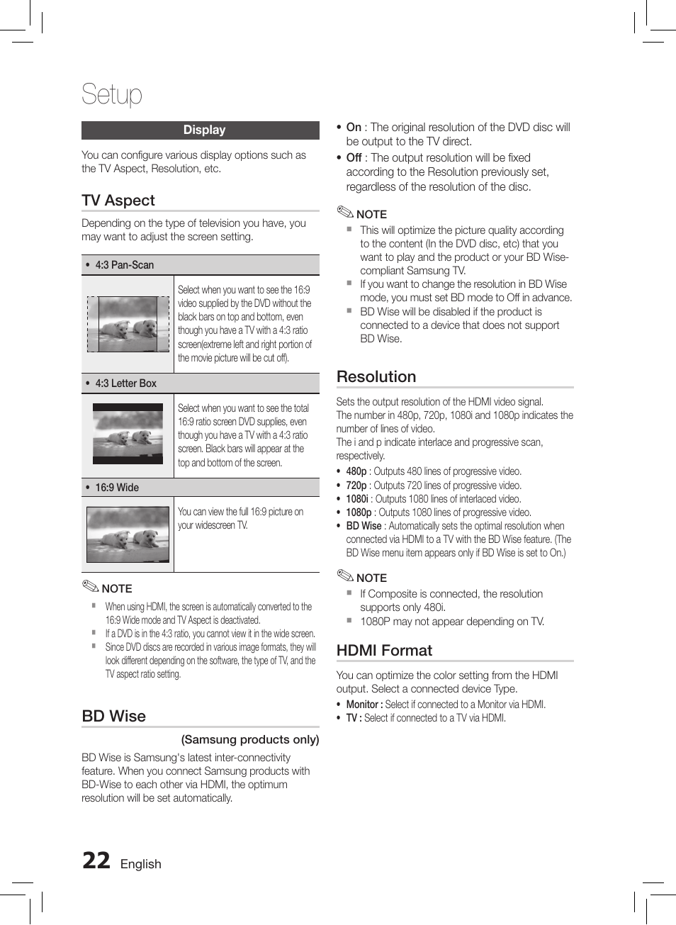 Display, Setup | Samsung HT-E550-ZC User Manual | Page 22 / 45