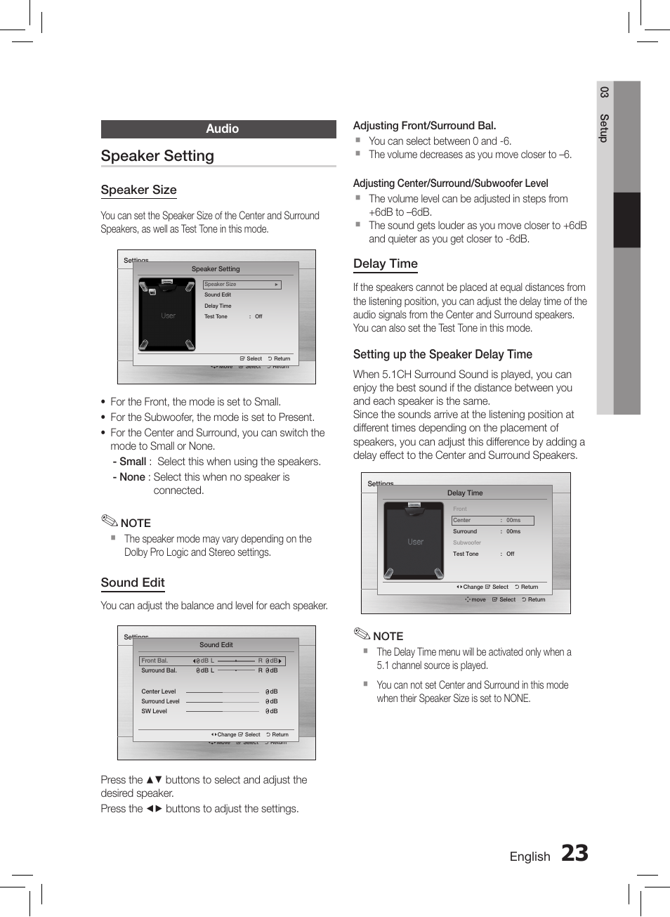 Audio, Speaker setting | Samsung HT-E550-ZC User Manual | Page 23 / 45
