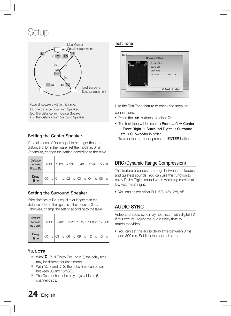 Setup, Drc (dynamic range compression), Audio sync | Samsung HT-E550-ZC User Manual | Page 24 / 45