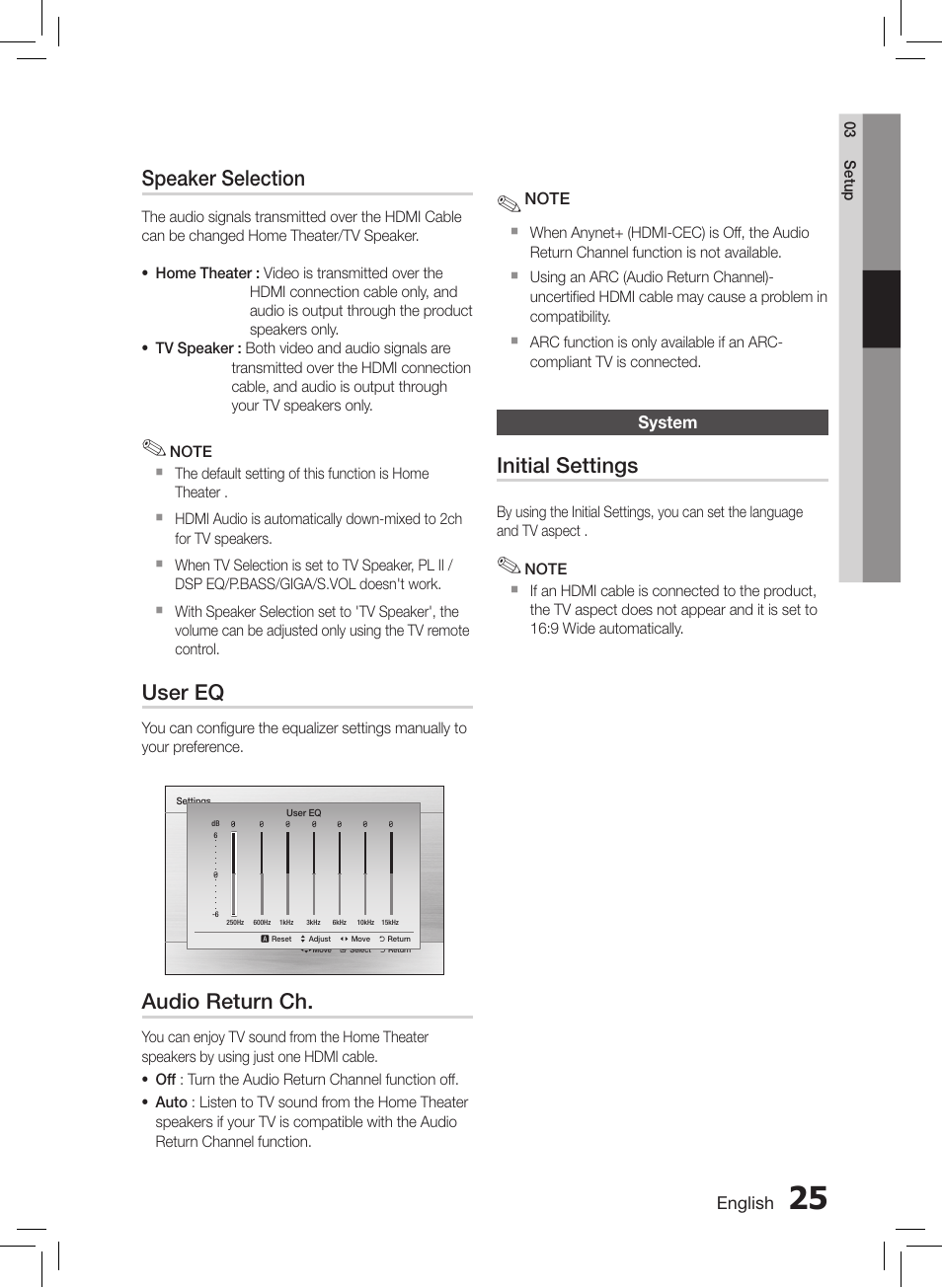 System, Speaker selection, User eq | Audio return ch, Initial settings | Samsung HT-E550-ZC User Manual | Page 25 / 45