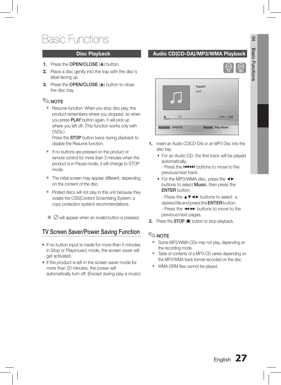 Disc playback, Audio cd(cd-da)/mp3/wma playback, Jpeg file playback | Using the playback function, Basic functions | Samsung HT-E550-ZC User Manual | Page 27 / 45