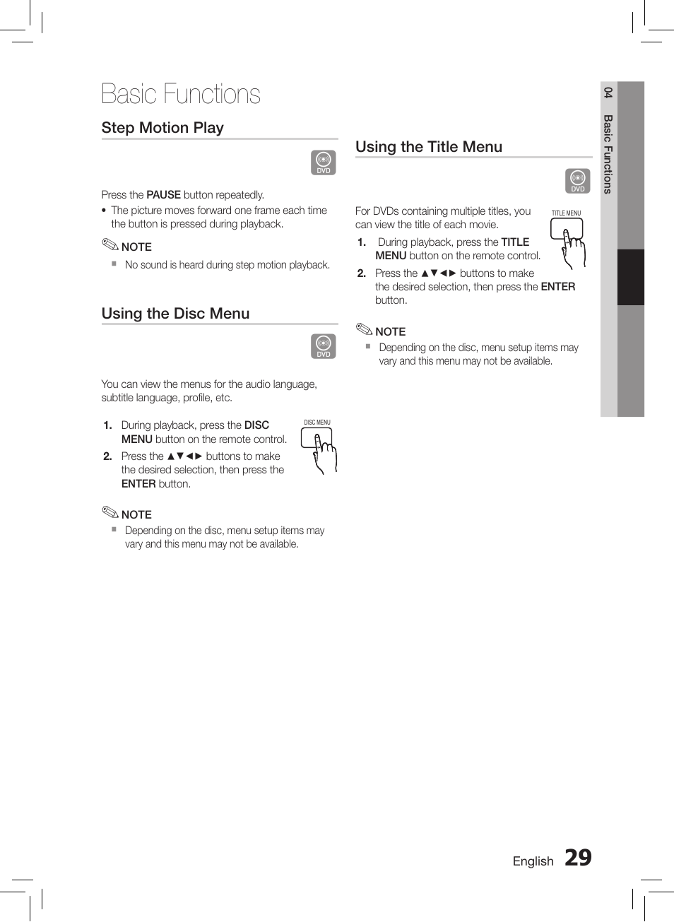 Basic functions, Step motion play, Using the disc menu | Using the title menu | Samsung HT-E550-ZC User Manual | Page 29 / 45