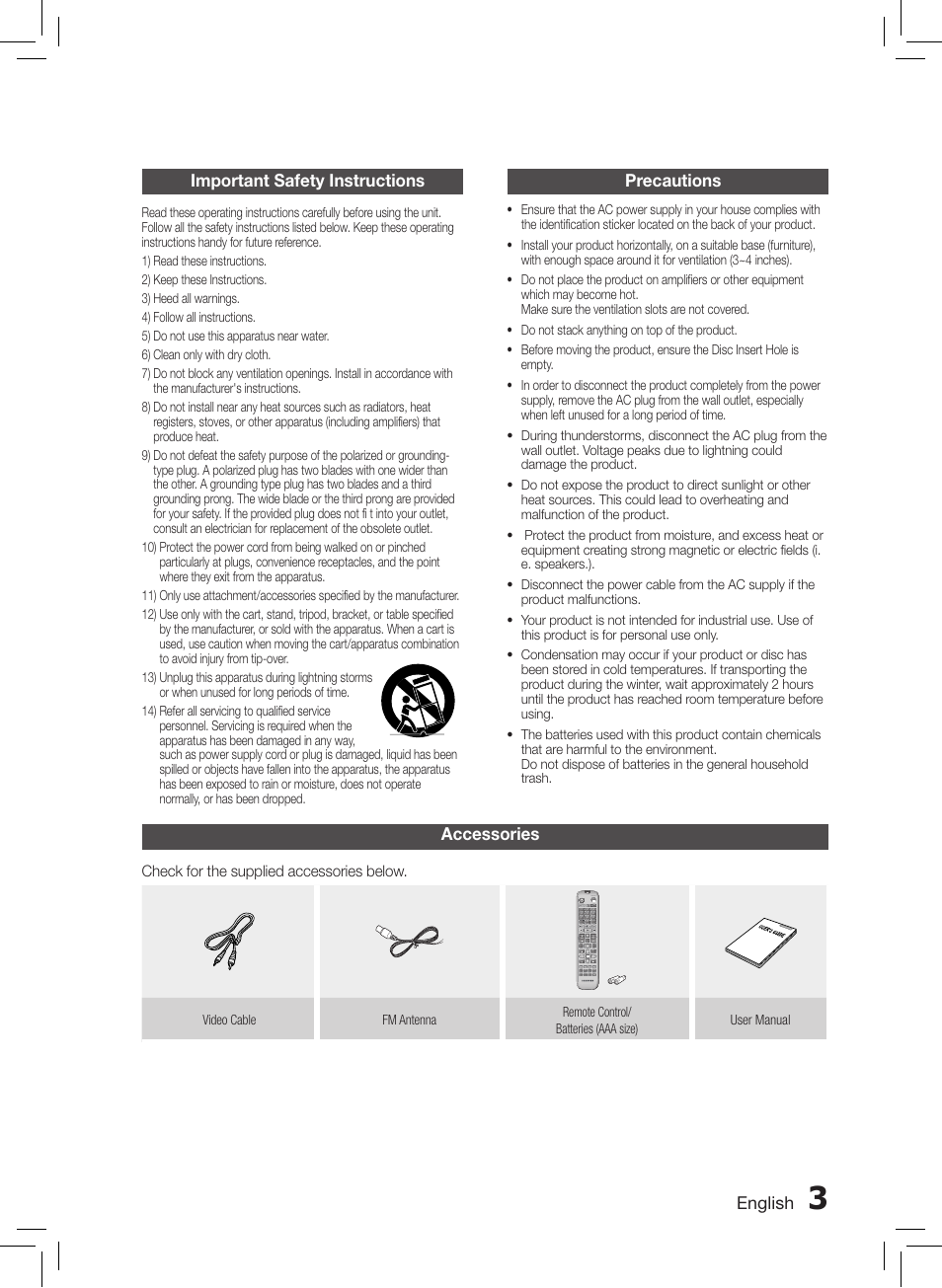 Important safety instructions, Precautions, Accessories | Cautions on handling and storing discs, License, English | Samsung HT-E550-ZC User Manual | Page 3 / 45