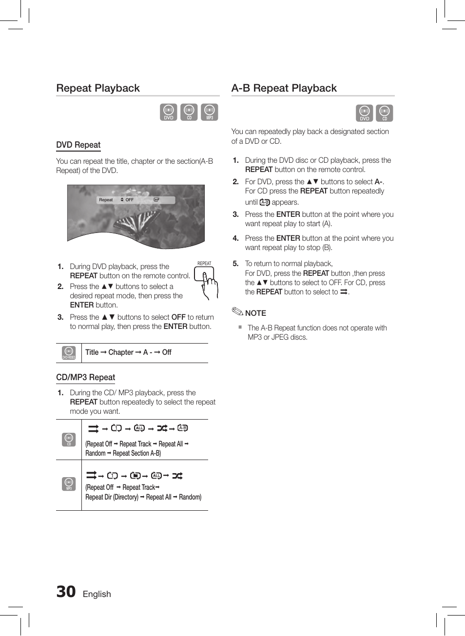 Repeat playback, A-b repeat playback | Samsung HT-E550-ZC User Manual | Page 30 / 45