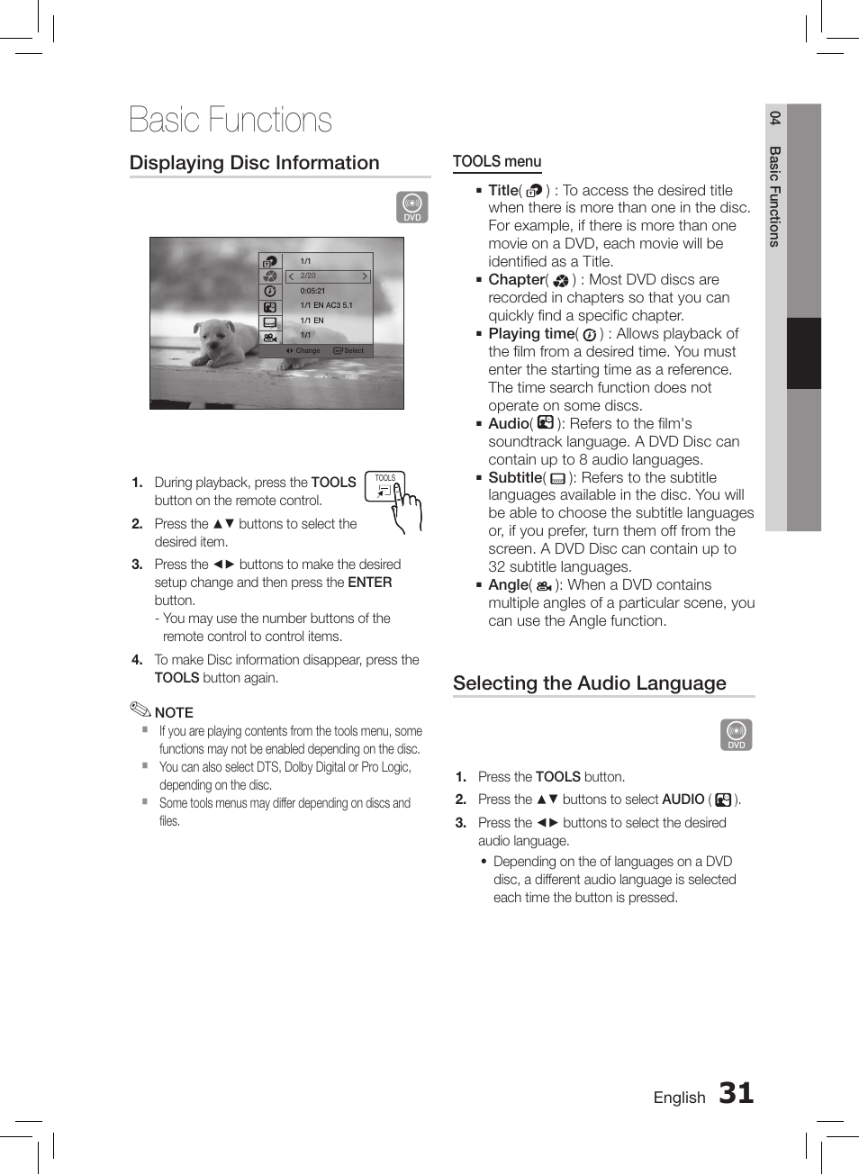 Basic functions, Displaying disc information, Selecting the audio language | Samsung HT-E550-ZC User Manual | Page 31 / 45