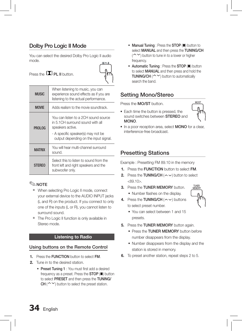 Listening to radio, Dolby pro logic ii mode, Setting mono/stereo | Presetting stations | Samsung HT-E550-ZC User Manual | Page 34 / 45