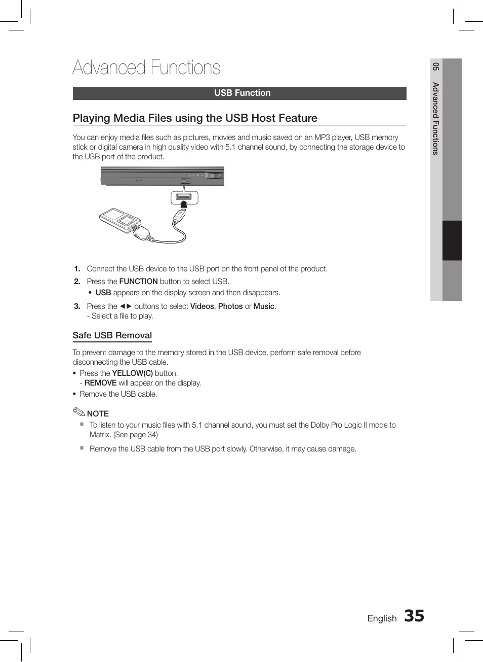 Advanced functions, Usb function, Usb recording | Samsung HT-E550-ZC User Manual | Page 35 / 45
