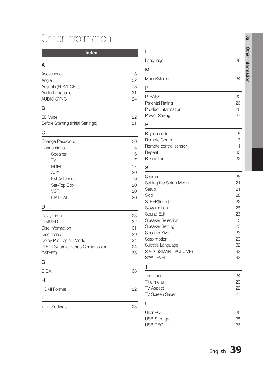 Index, Specifications, Other information | Samsung HT-E550-ZC User Manual | Page 39 / 45