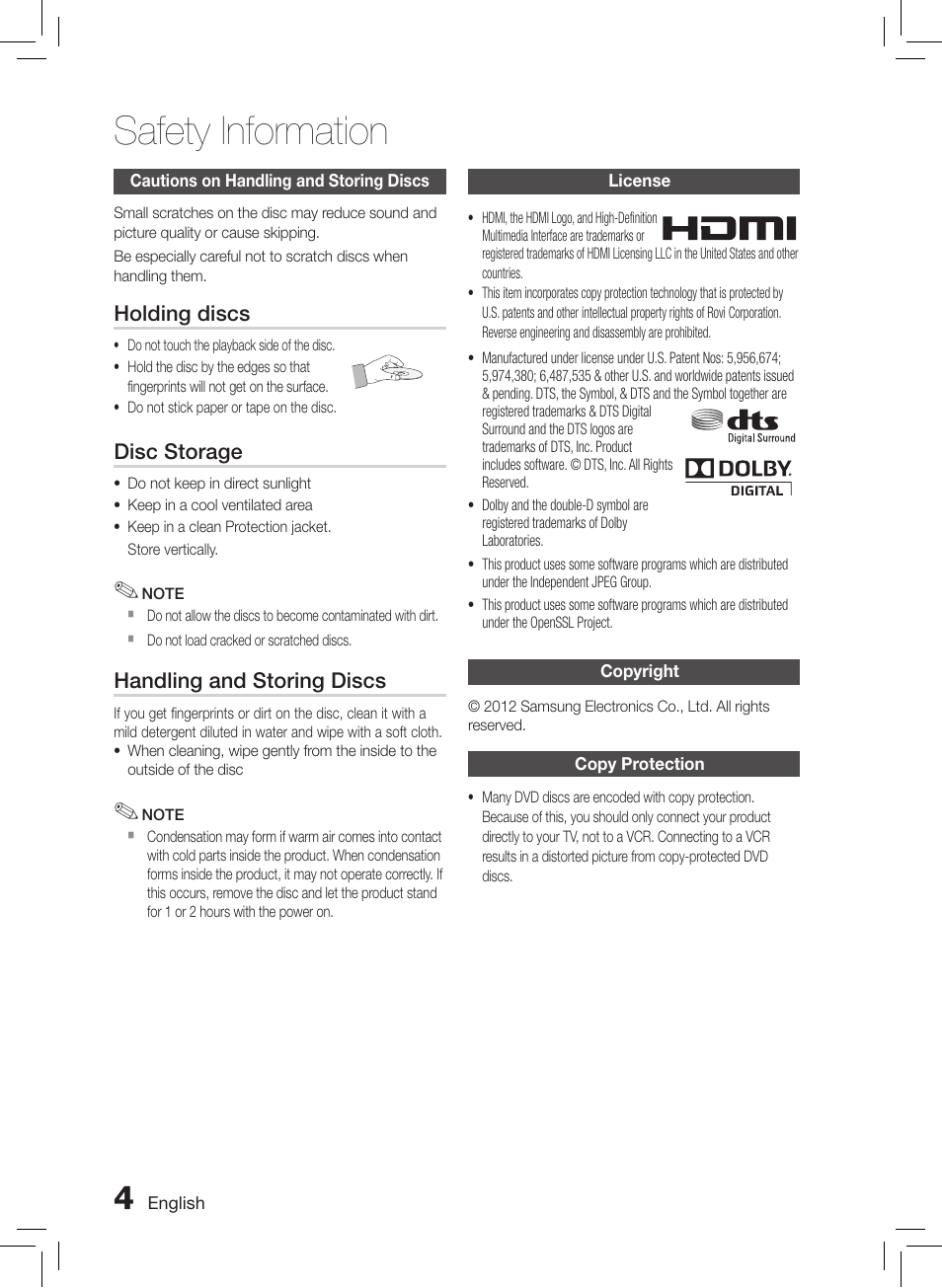 Copyright, Copy protection, Safety information | Samsung HT-E550-ZC User Manual | Page 4 / 45