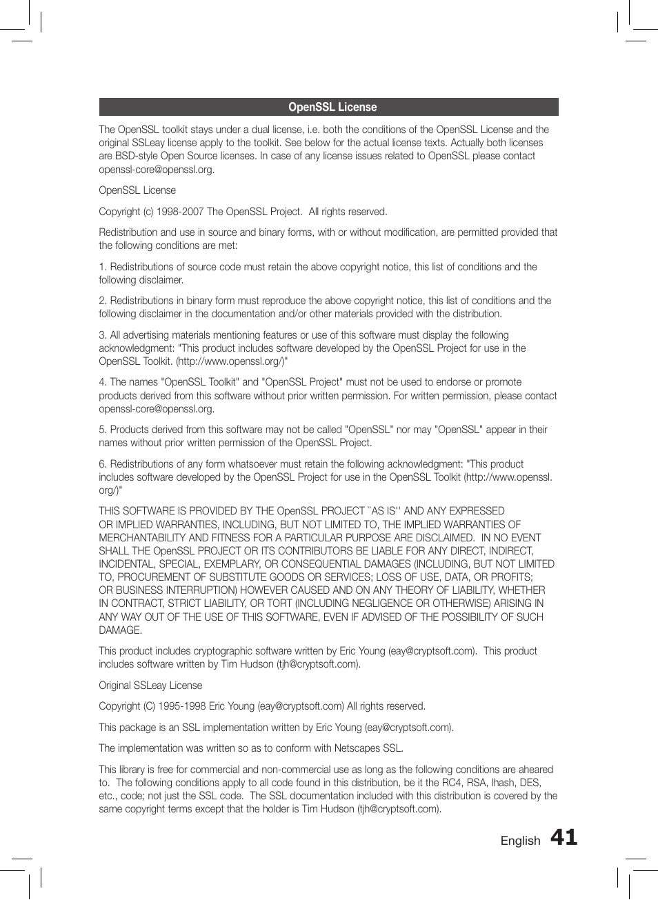 Openssl license | Samsung HT-E550-ZC User Manual | Page 41 / 45