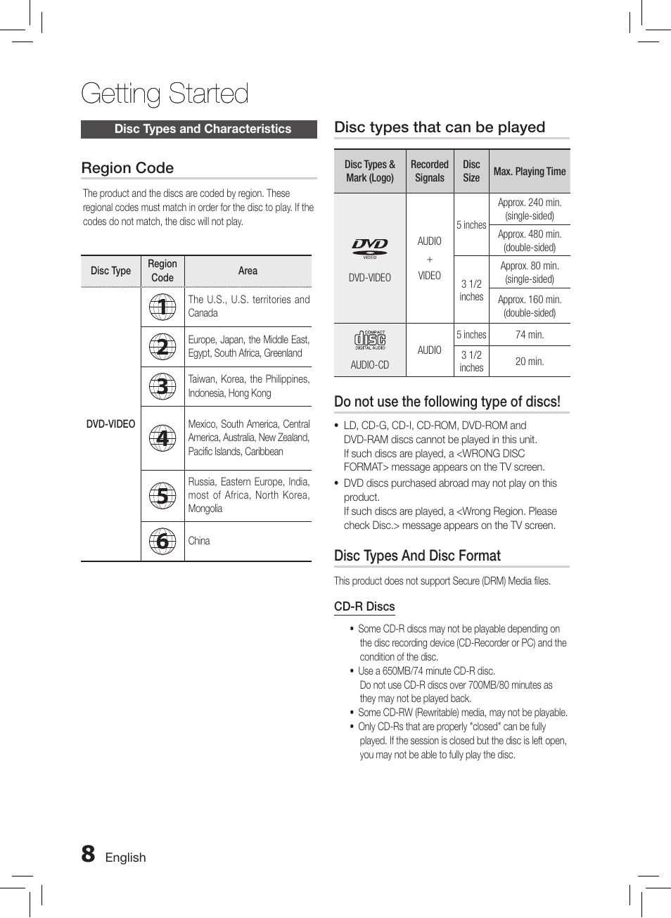 Disc types and characteristics, Getting started | Samsung HT-E550-ZC User Manual | Page 8 / 45