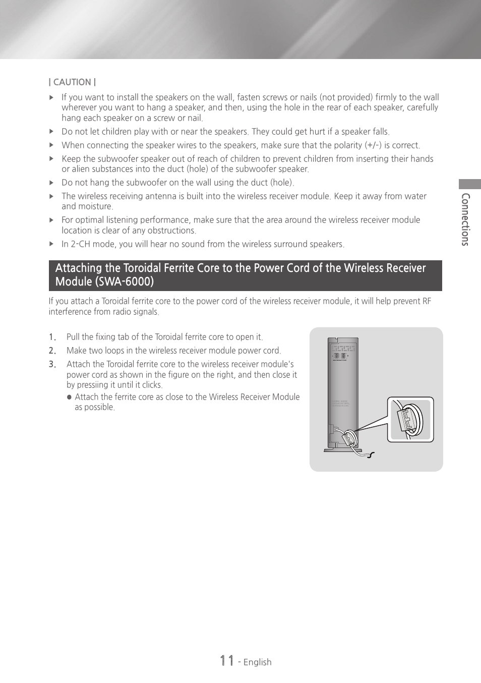 Cord of the wireless receiver module (swa- 6000), Connections | Samsung HT-H5500W-ZA User Manual | Page 11 / 48
