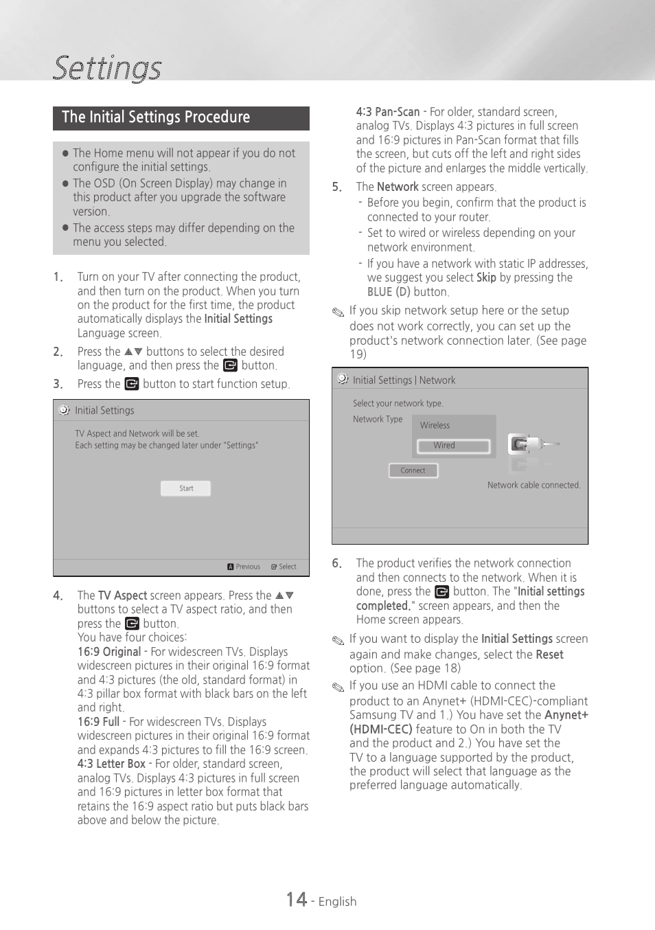 Settings, The initial settings procedure, 14 the initial settings procedure | Samsung HT-H5500W-ZA User Manual | Page 14 / 48