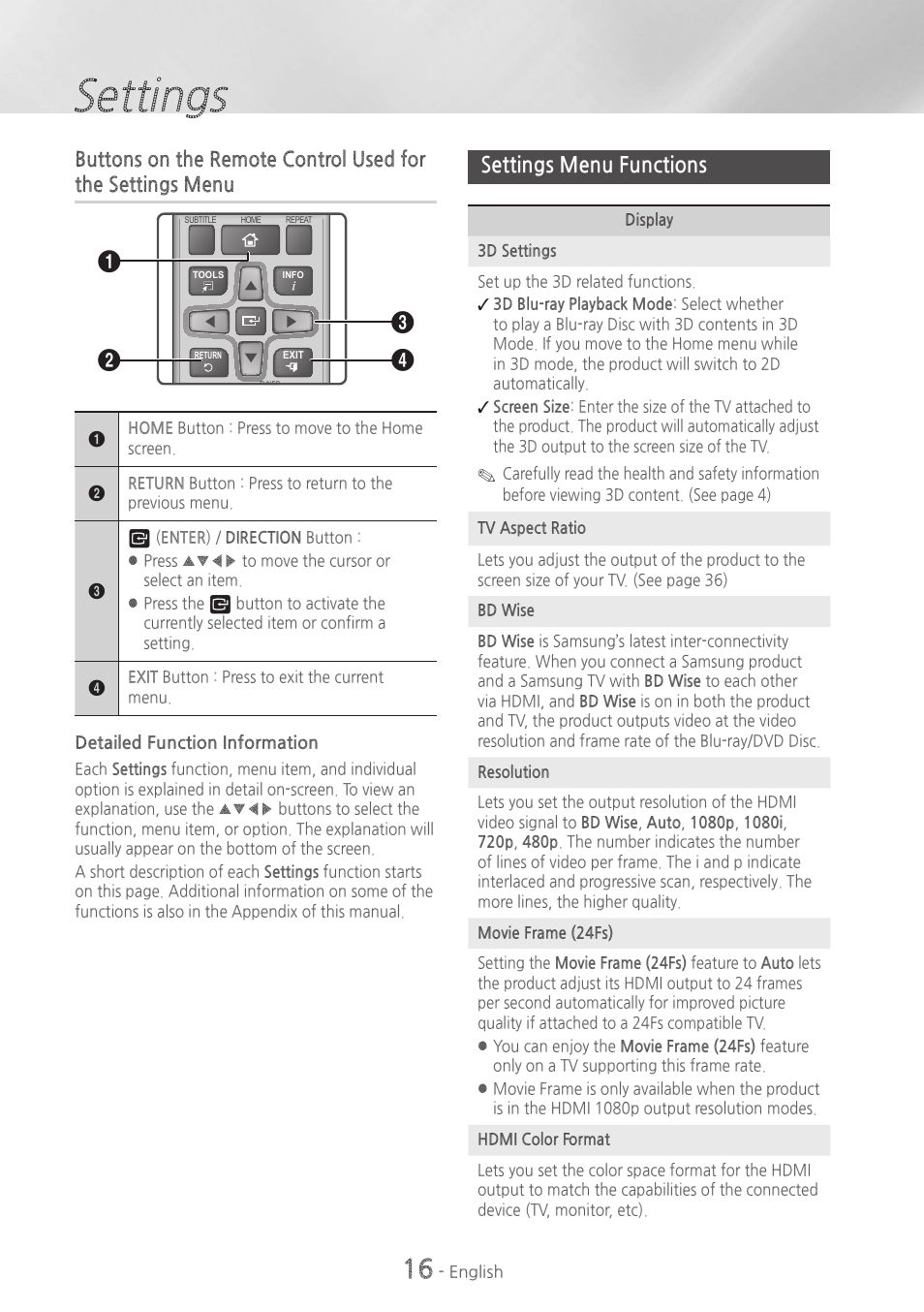 Settings menu functions, 16 settings menu functions, Settings | Samsung HT-H5500W-ZA User Manual | Page 16 / 48