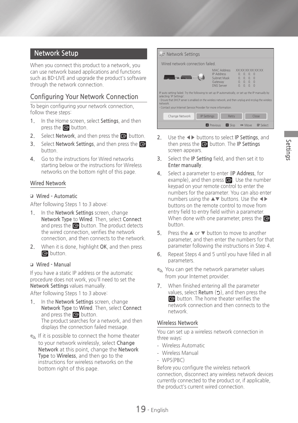 Network setup, 19 network setup, Configuring your network connection | Settings | Samsung HT-H5500W-ZA User Manual | Page 19 / 48