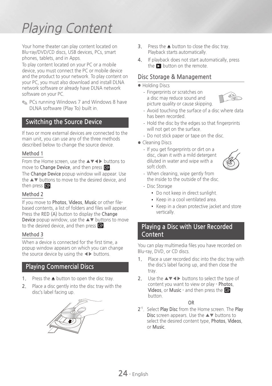 Playing content, Switching the source device, Playing commercial discs | Playing a disc with user recorded content | Samsung HT-H5500W-ZA User Manual | Page 24 / 48