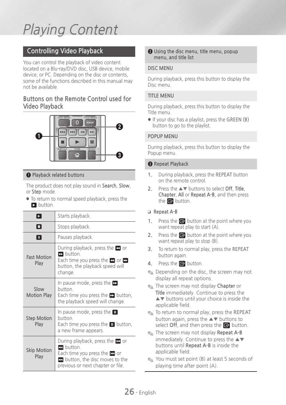Controlling video playback, 26 controlling video playback, Playing content | Samsung HT-H5500W-ZA User Manual | Page 26 / 48