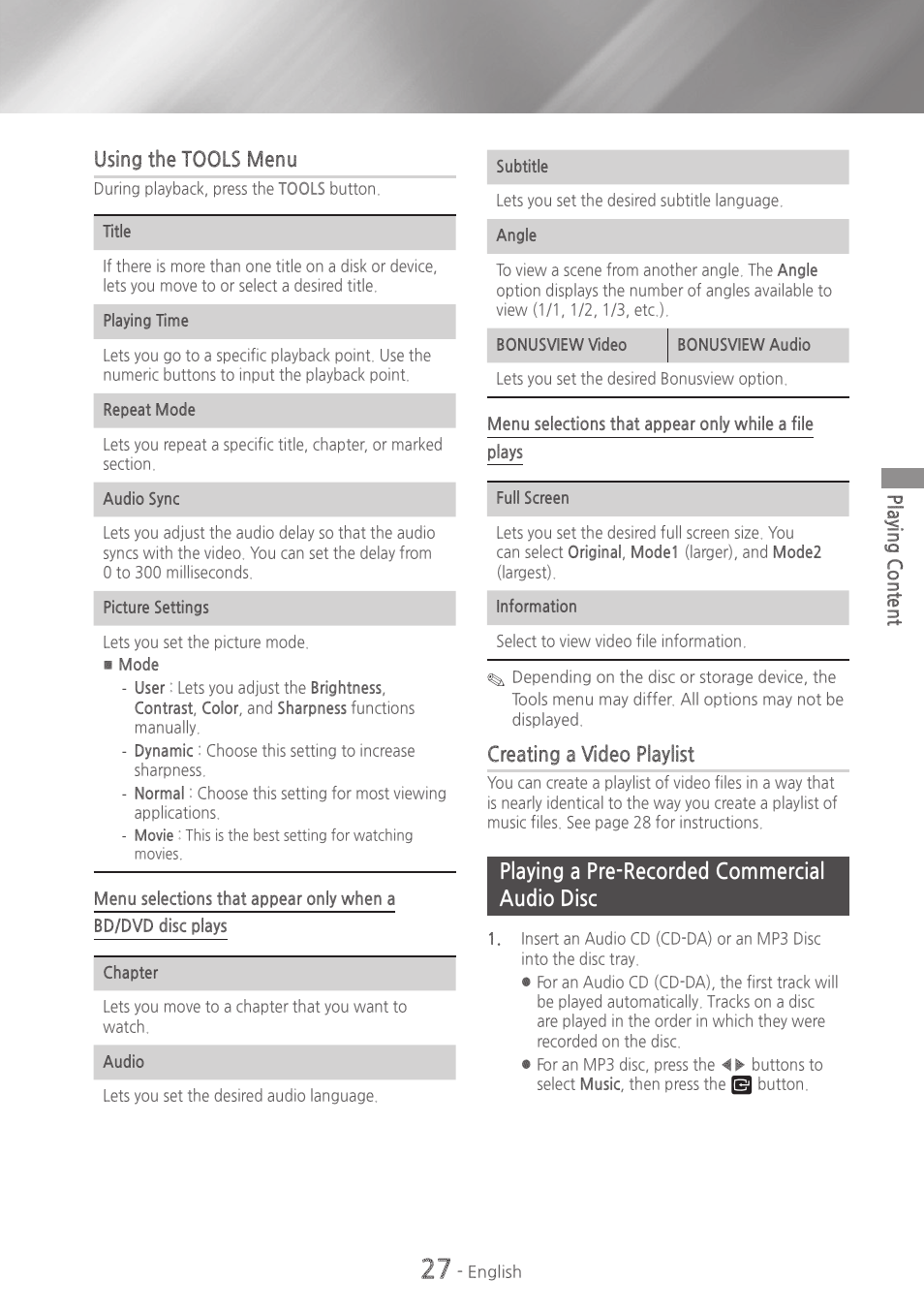 Playing a pre-recorded commercial audio disc, 27 playing a pre-recorded commercial audio disc, Using the tools menu | Creating a video playlist | Samsung HT-H5500W-ZA User Manual | Page 27 / 48
