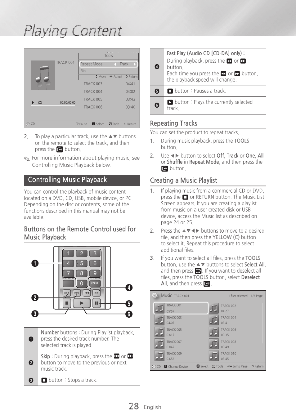 Controlling music playback, 28 controlling music playback, Playing content | Repeating tracks, Creating a music playlist | Samsung HT-H5500W-ZA User Manual | Page 28 / 48