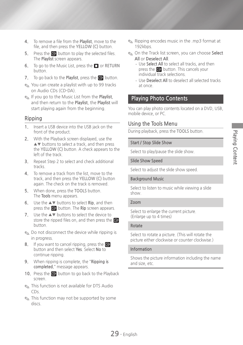 Playing photo contents, 29 playing photo contents | Samsung HT-H5500W-ZA User Manual | Page 29 / 48