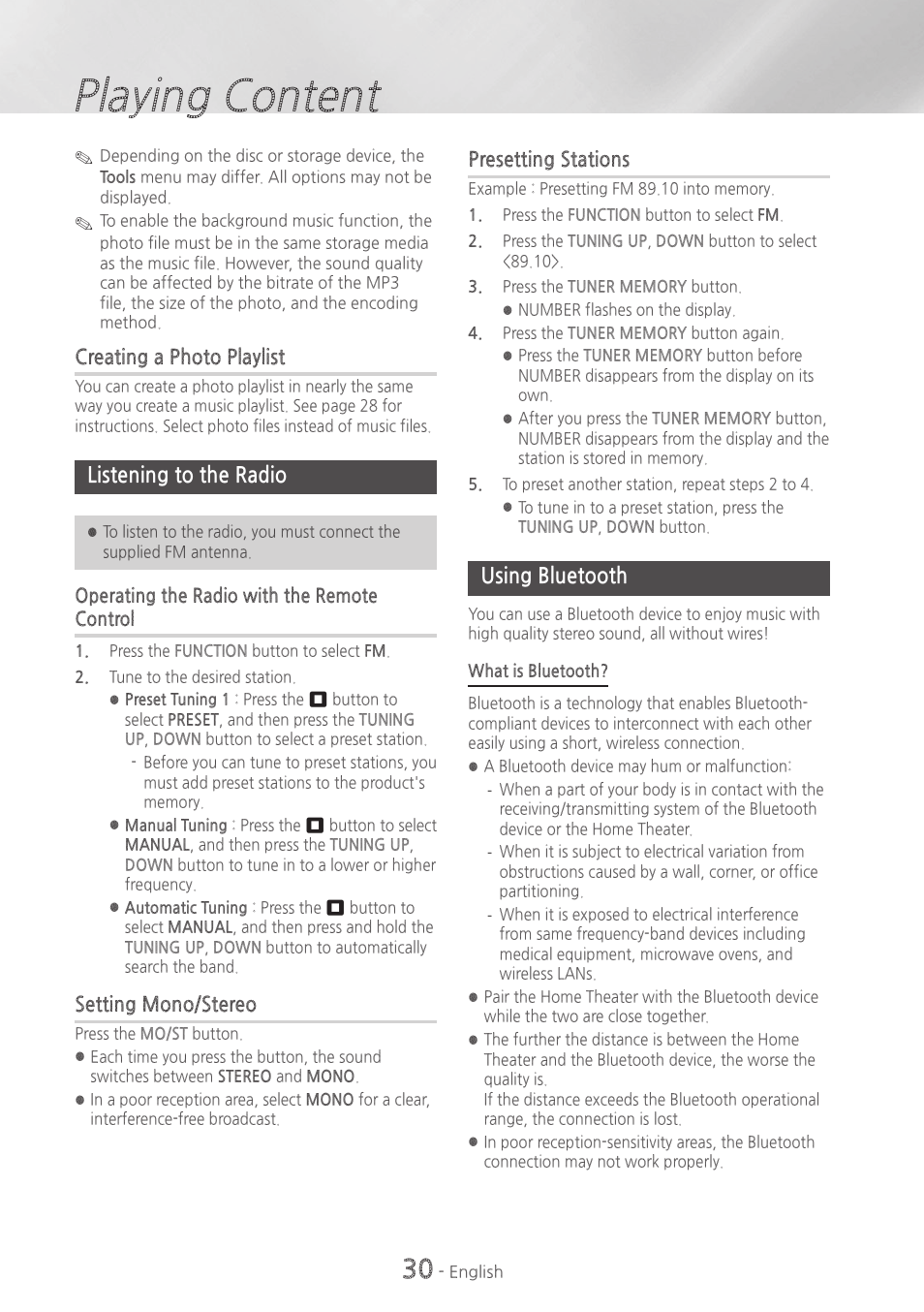 Listening to the radio, Using bluetooth, 30 listening to the radio 30 using bluetooth | Playing content, Creating a photo playlist, Setting mono/stereo, Presetting stations | Samsung HT-H5500W-ZA User Manual | Page 30 / 48