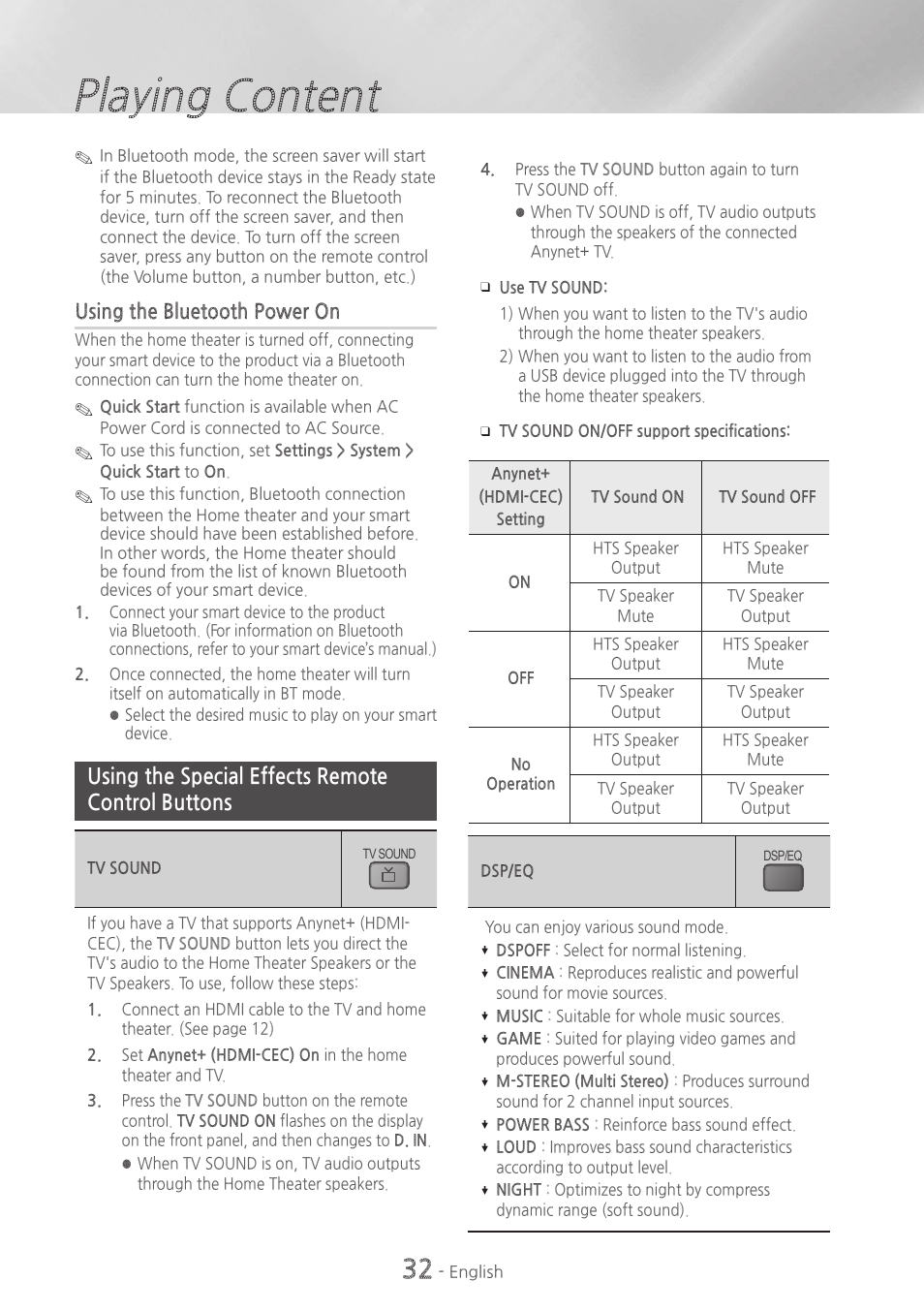 Using the special effects remote control buttons, 32 using the special effects remote control, Buttons | Playing content, Using the bluetooth power on | Samsung HT-H5500W-ZA User Manual | Page 32 / 48
