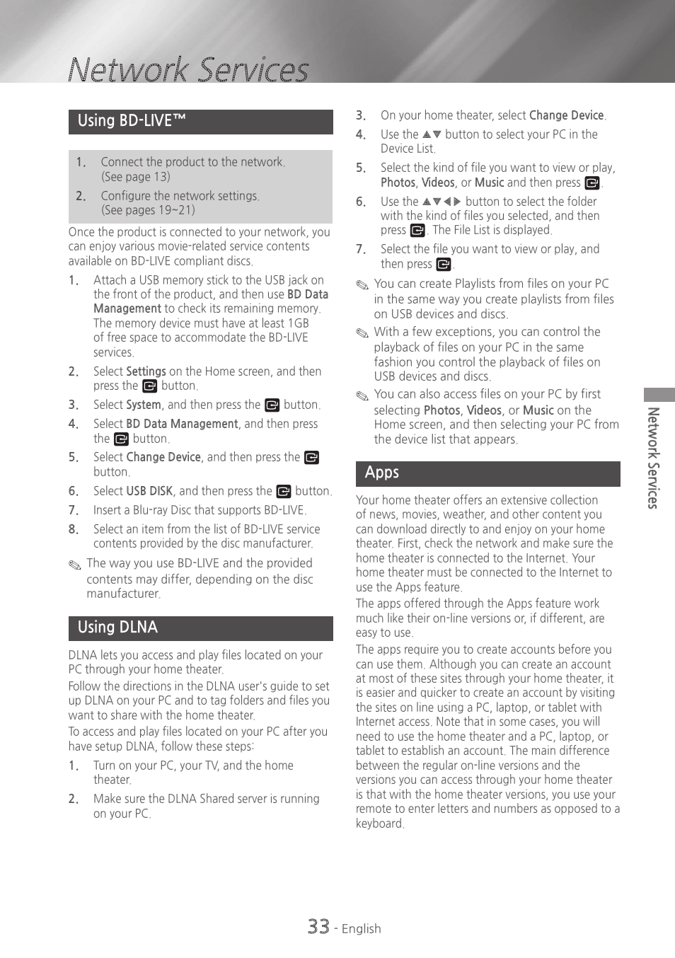 Network services, Using bd-live, Using dlna | Apps, 33 using bd-live™ 33 using dlna 33 apps | Samsung HT-H5500W-ZA User Manual | Page 33 / 48