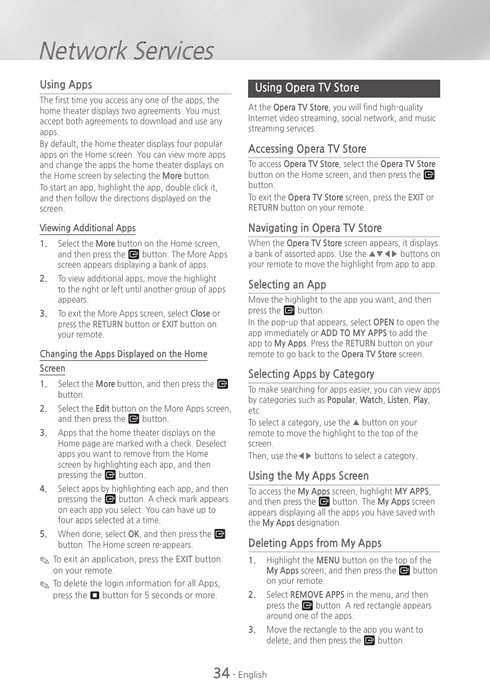 Using opera tv store, 34 using opera tv store, Network services | Samsung HT-H5500W-ZA User Manual | Page 34 / 48
