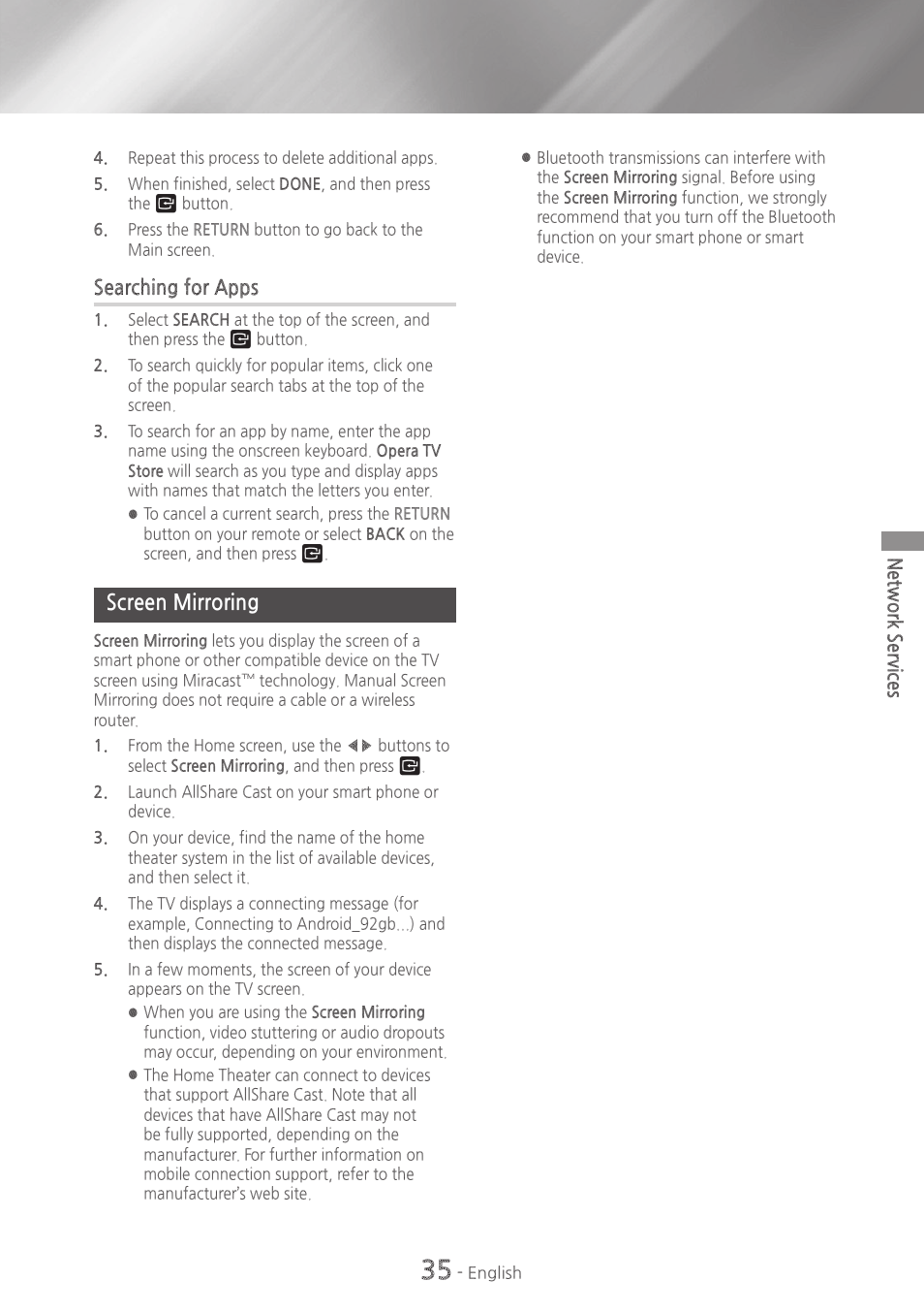 Screen mirroring, 35 screen mirroring, Searching for apps | Samsung HT-H5500W-ZA User Manual | Page 35 / 48