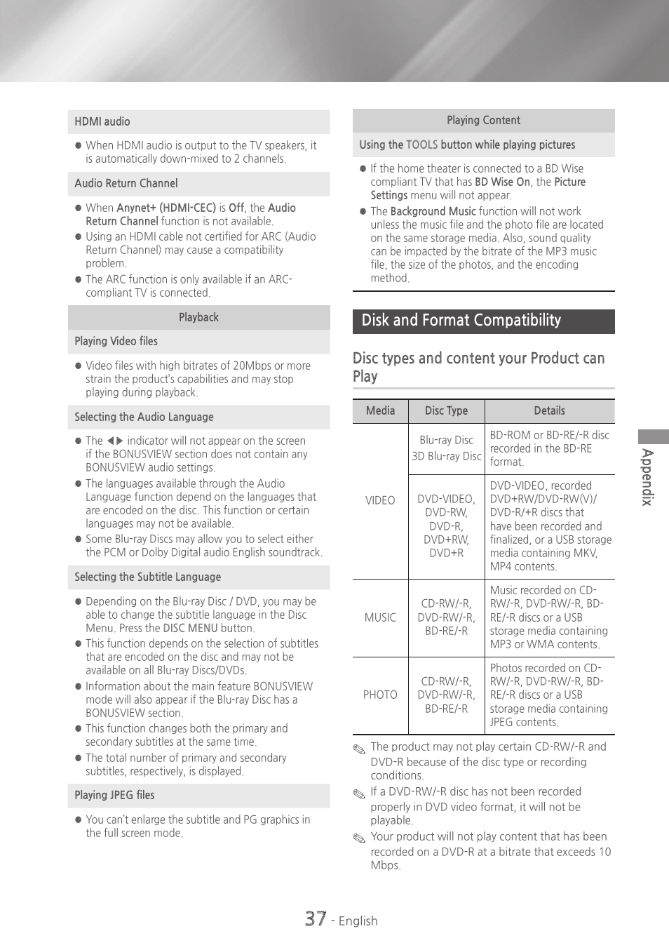 Disk and format compatibility, 37 disk and format compatibility, Disc types and content your product can play | Appendix | Samsung HT-H5500W-ZA User Manual | Page 37 / 48