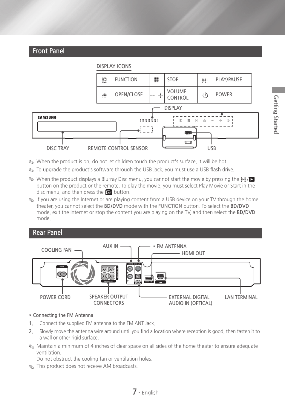 Front panel, Rear panel, 7 front panel 7 rear panel | Getting started | Samsung HT-H5500W-ZA User Manual | Page 7 / 48