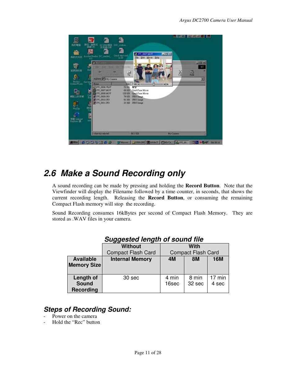 6 make a sound recording only, Suggested length of sound file, Steps of recording sound | Argus Camera DC2700 User Manual | Page 11 / 28